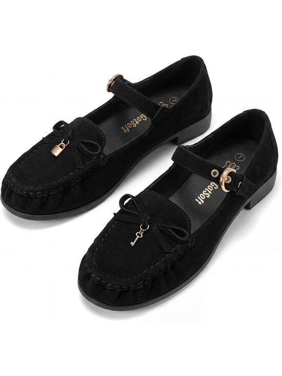 Shoes - Women's Black Leather Loafers Bow Buckle Comfortable Classic Dress Work Shoes